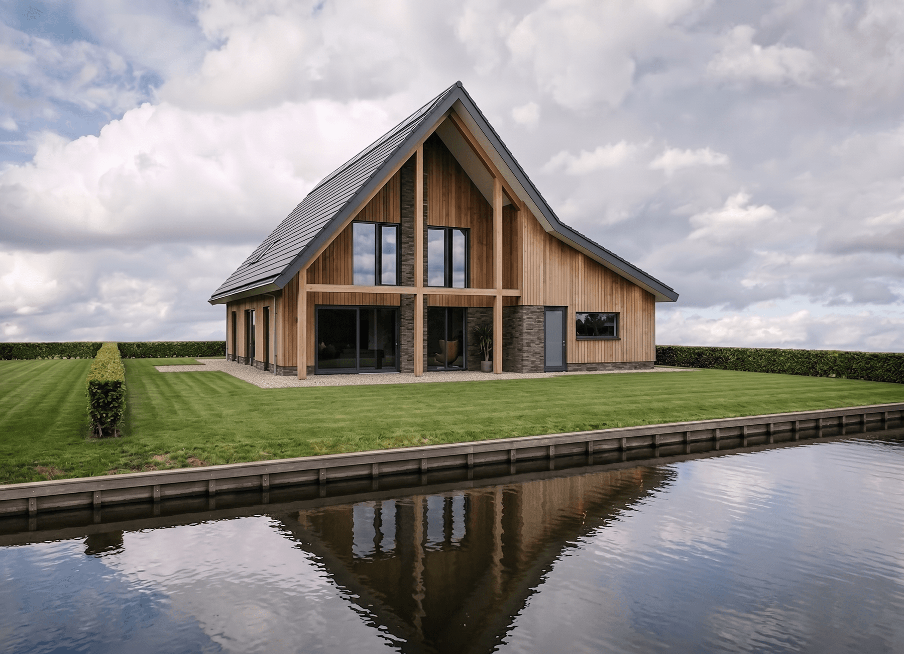 Schuurwoning in Wolvega met houten spanten, verticale houtbekleding, donker metselwerk en grote glaspartijen aan het water. Ontwerp door MArchitecten.
