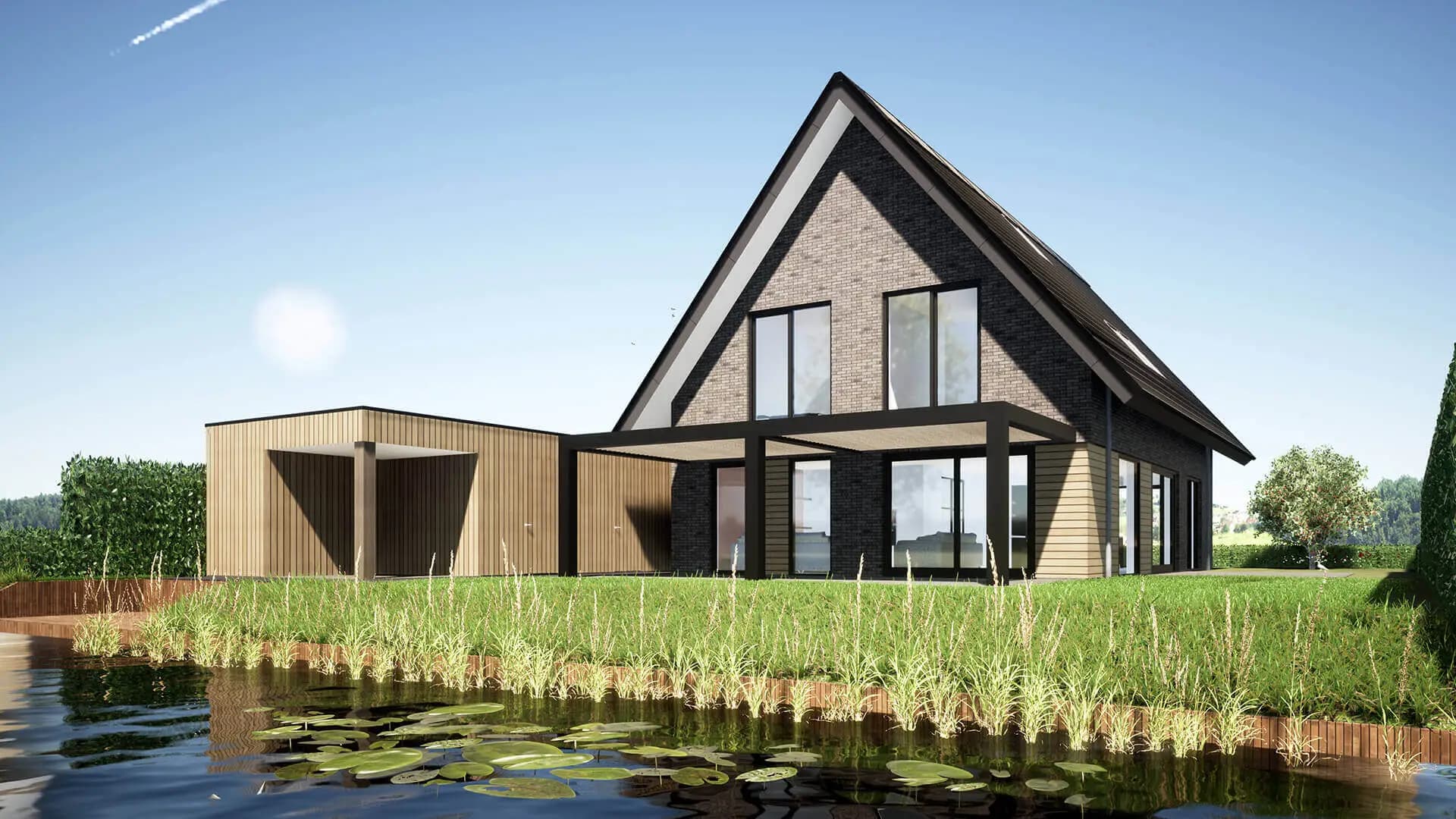 Modern woonhuis met aangrenzend kantoor in de Lindewijk Wolvega — strakke lijnen, houten accenten, inpandige dakgoot en zwart-geel gemêleerde baksteen.