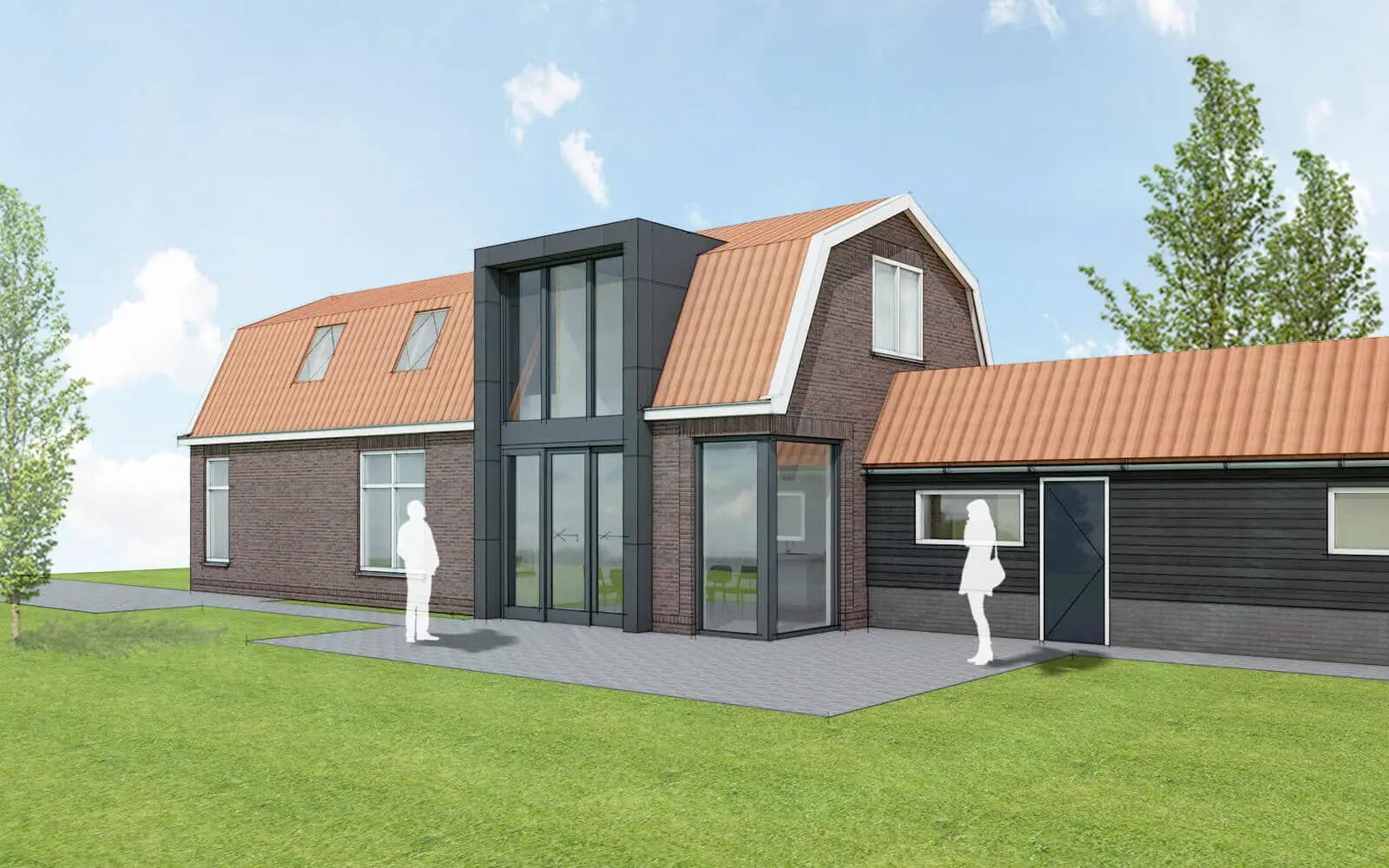 Architectuurvisualisatie uitbreiding woonhuis aan Heerenveenseweg in Wolvega met bakstenen voorgevel, zwart stalen uitbouw, koperen daken en grote raampartijen