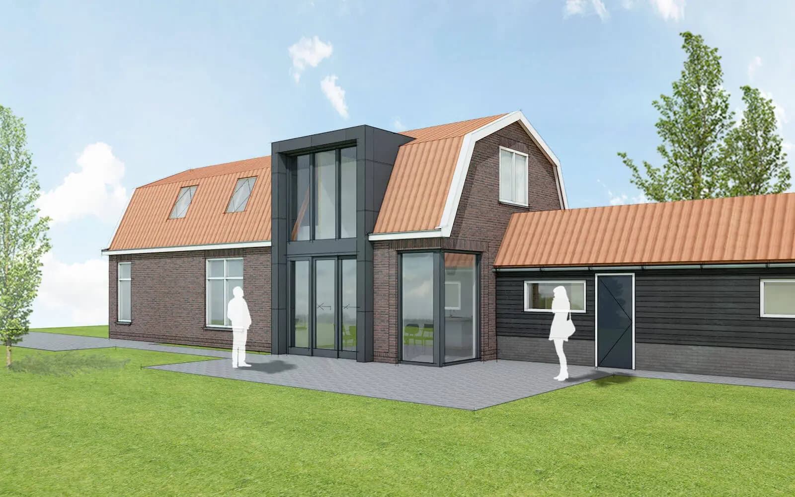 Verlenging van een bestaande woning aan de Heerenveenseweg met aanbouw tussen woning en schuur, verlenging van de mansardekap en moderne accenten.