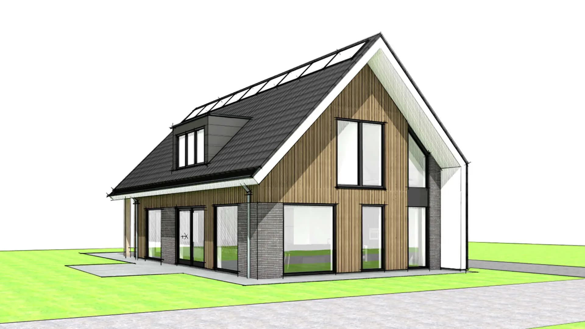 Moderne nieuwbouwwoning in Wolvega met doorlopende kap over de gevel, luifel tot het bijgebouw en een balkon op spanten aan de achterzijde.