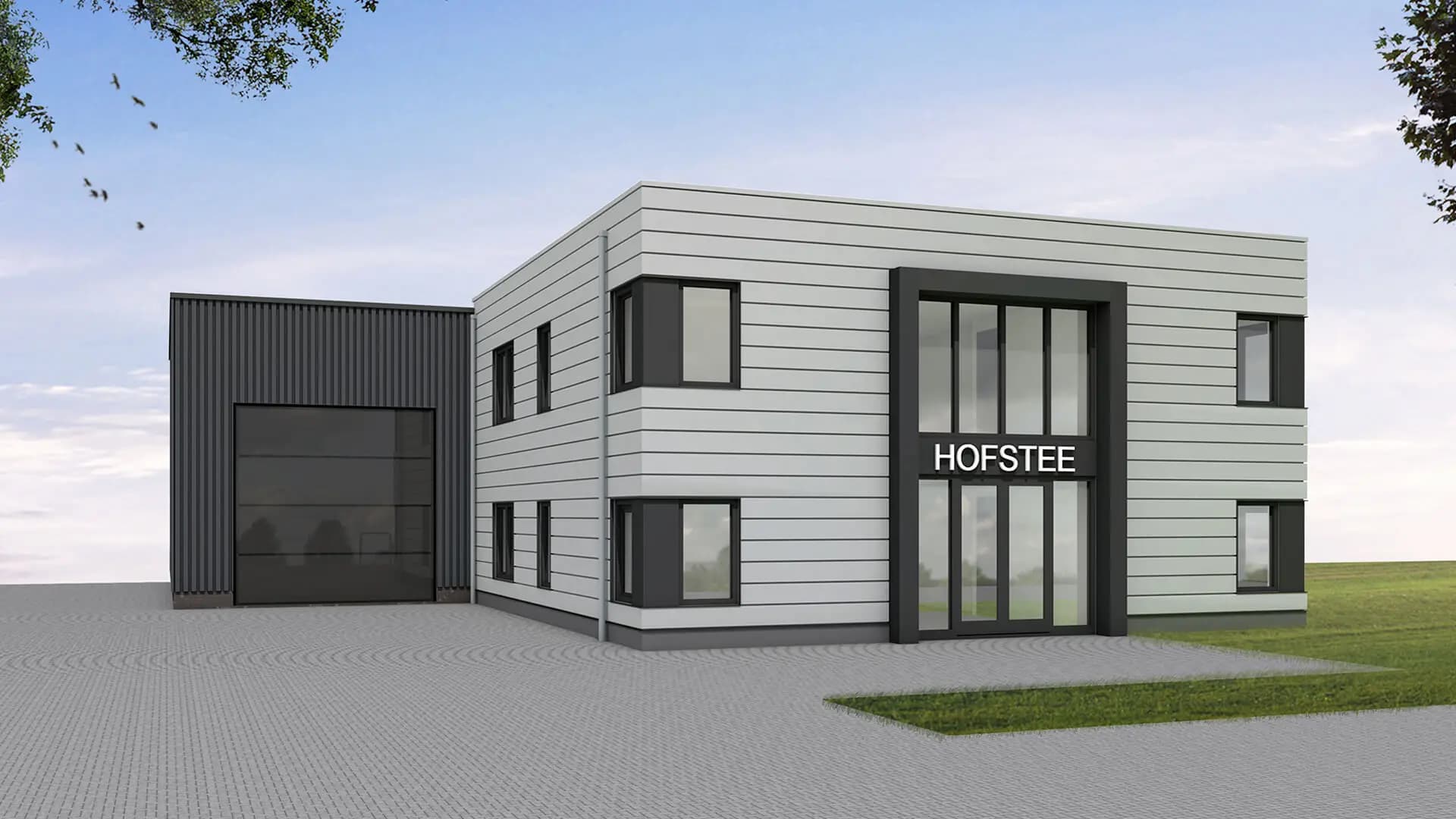 Renovatie van een bedrijfspand in Wolvega met nieuw gevelontwerp in strakke metalen profielplaat, vernieuwde kozijnen en entree met accenten in zetwerk.