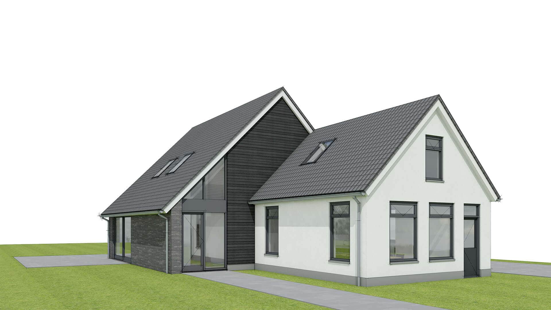 Architect rendering verbouwde woonhuis Oosterstreek met modern design, witte en donkergrijze gevels, pannendaken en grote raampartijen