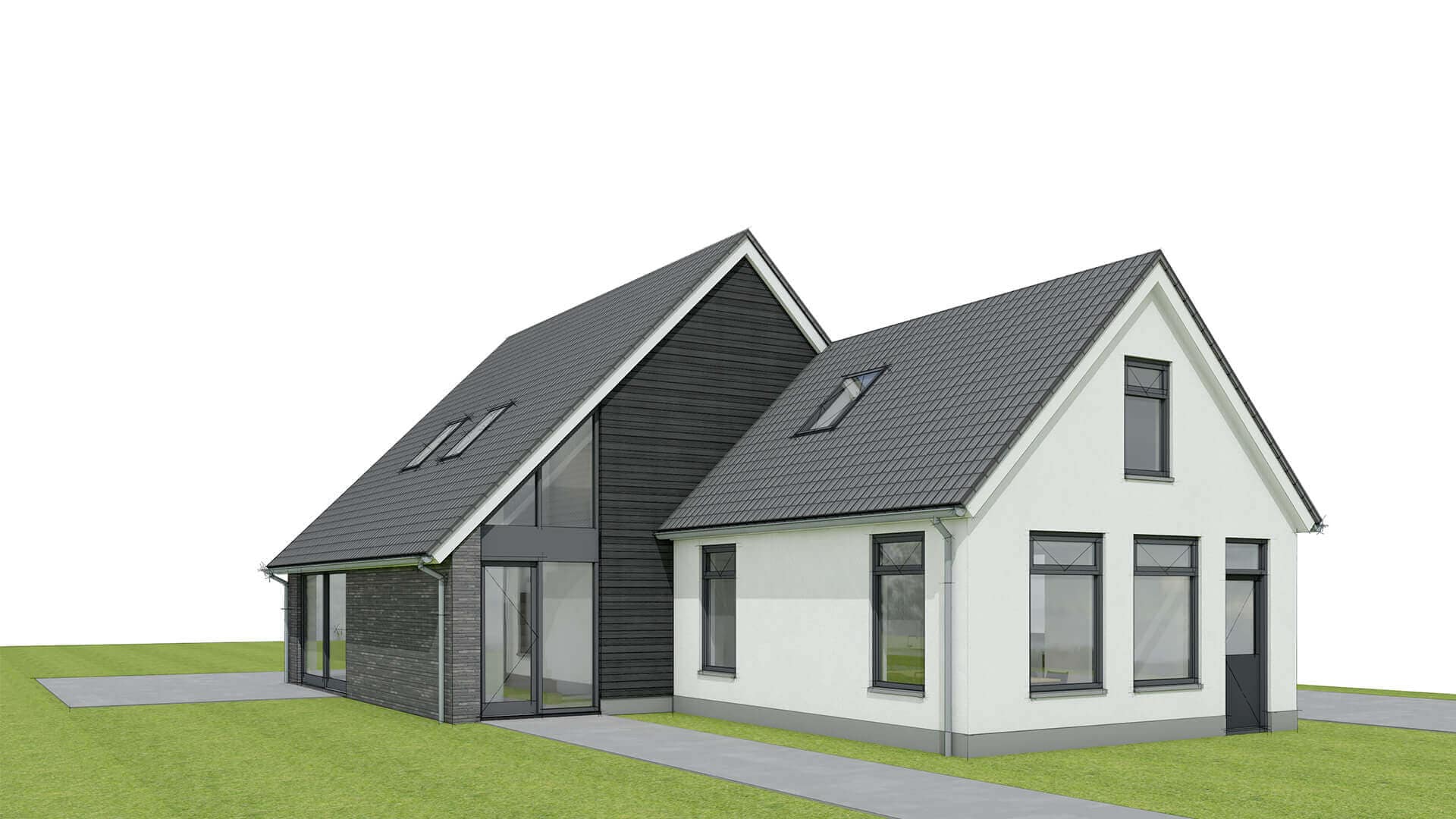 Architect rendering verbouwde woonhuis Oosterstreek met modern design, witte en donkergrijze gevels, pannendaken en grote raampartijen