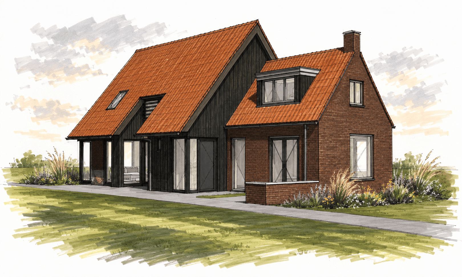 Verbouw en verlenging van een traditioneel woonhuis in Munnekeburen, met rood metselwerk, houten gevelbekleding en grote glaspartijen.