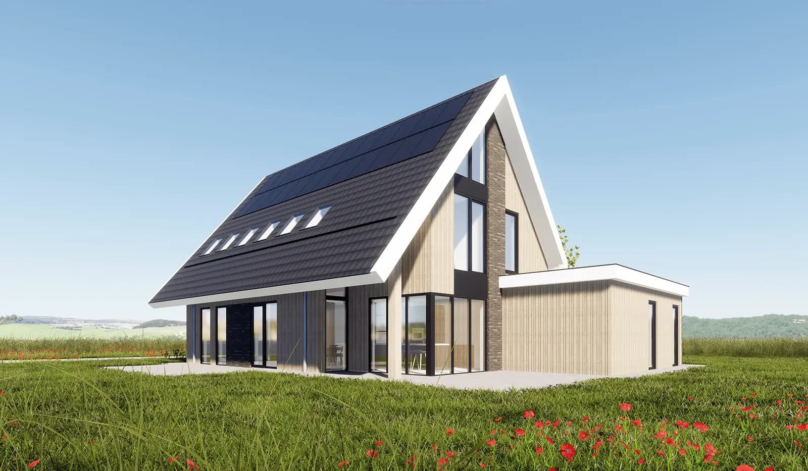 Moderne eigentijdse woning in Wolvega met strakke lijnen langs de kap en een doorlopende vide — een combinatie van dakpannen, hout en metselwerk.