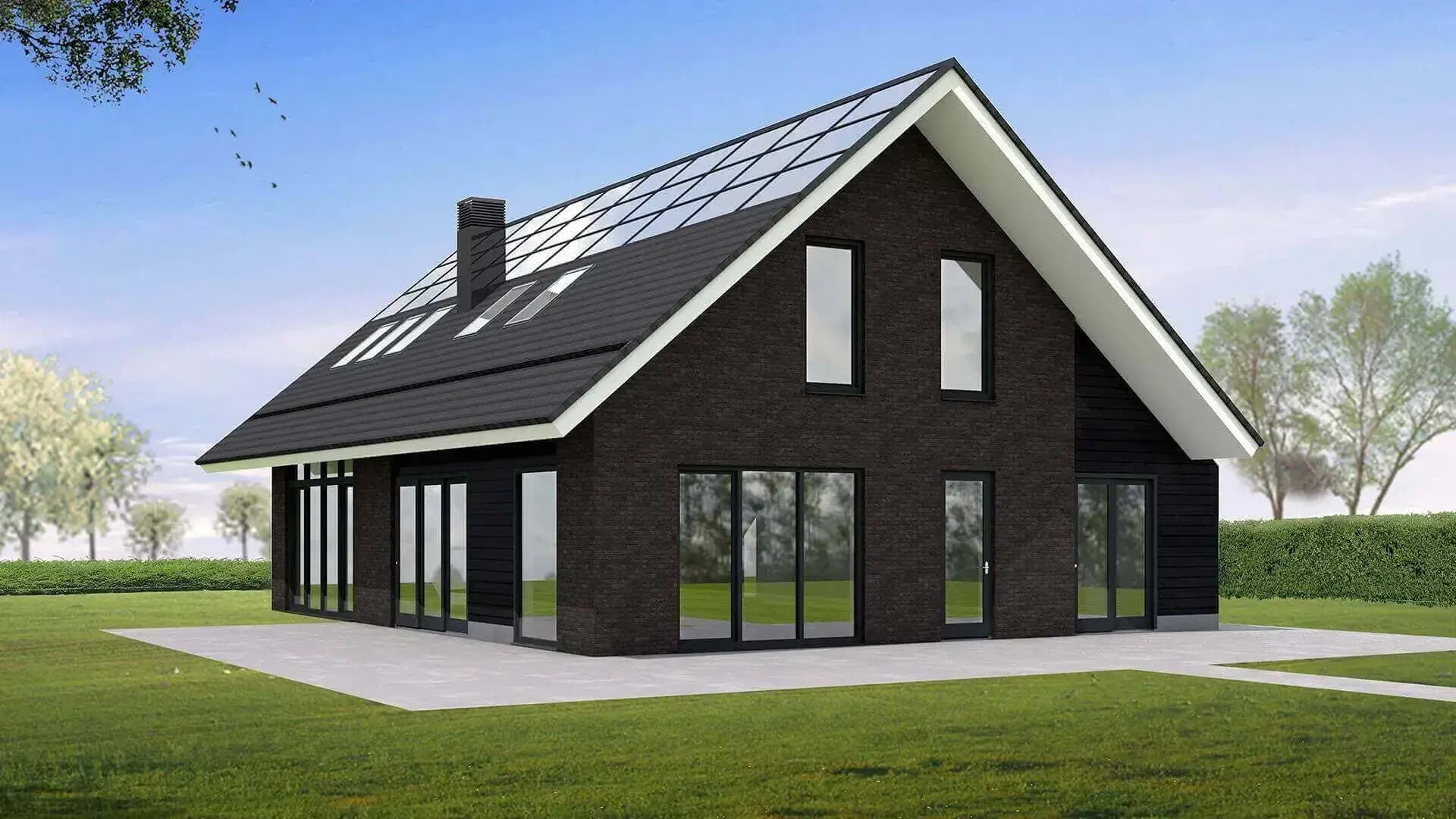 Vrijstaand woonhuis in Meppel als eigentijdse schuurwoning met hout en baksteen, energieneutraal door geïntegreerde zonnepanelen en warmtepomp.