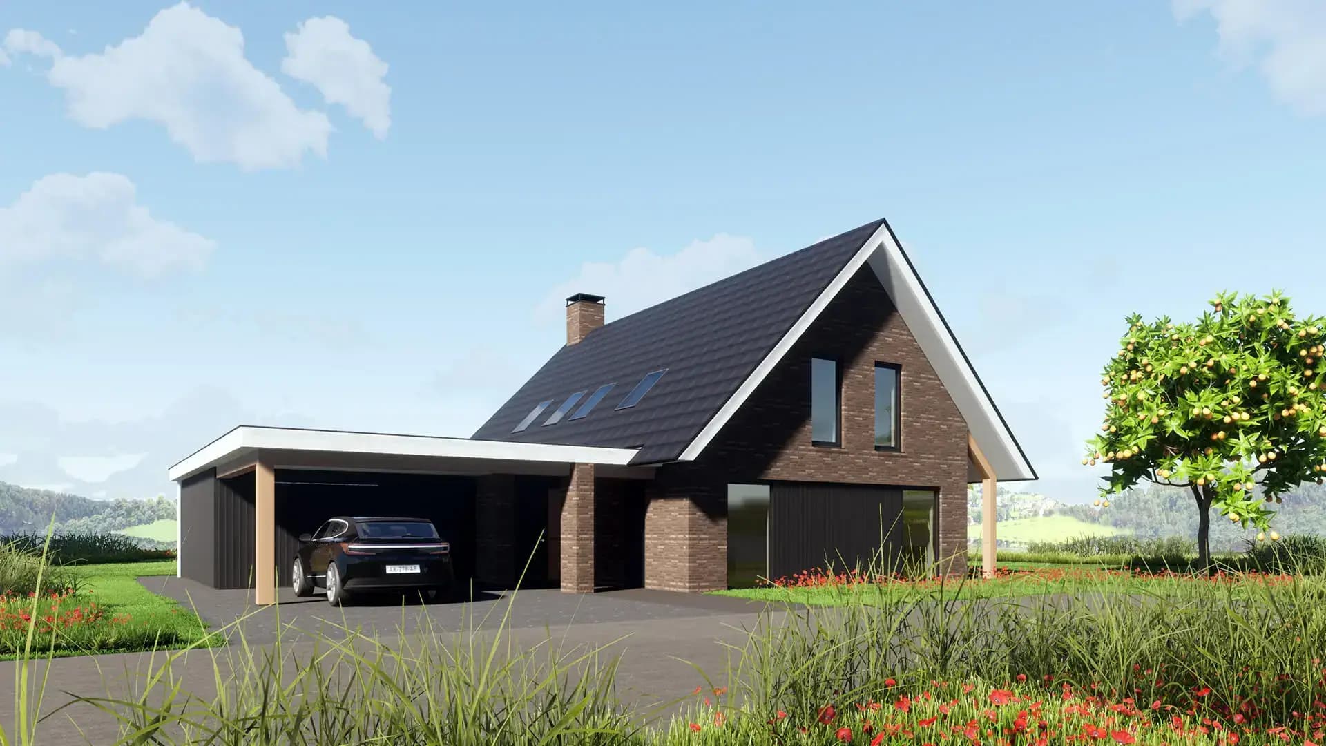 Moderne villa in Broek-Zuid bij Joure in schuurwoningstijl, met baksteen, zwart hout, hoekkozijnen en levensloopbestendige indeling aan het water.