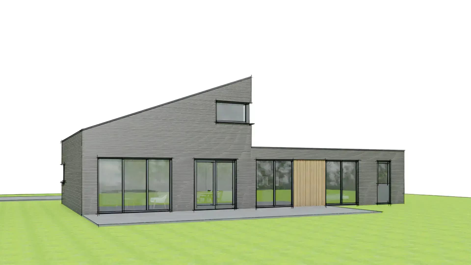 Schetsontwerp voor een levensloopbestendige patiowoning in Oldemarkt, gericht op de tuin met alle ruimten aangesloten op de buitenruimte.