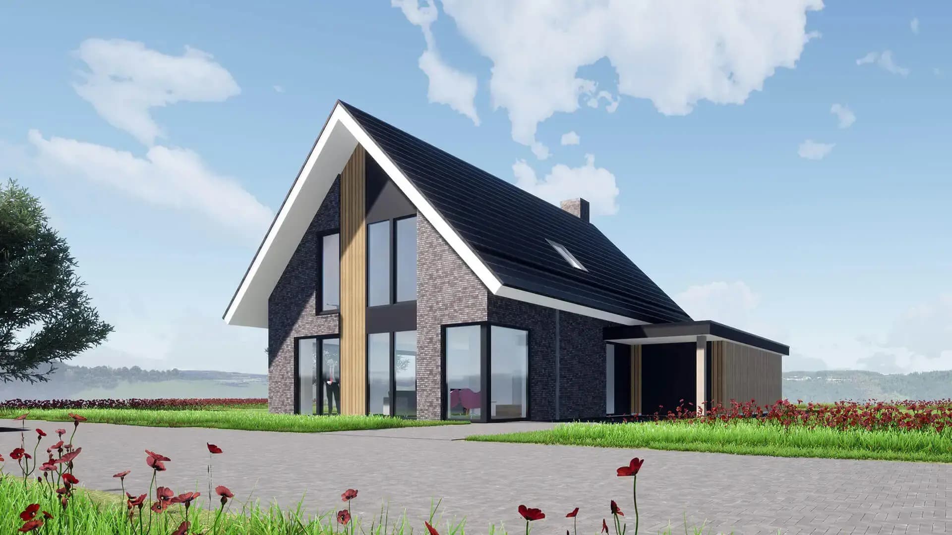 Moderne woning aan het Icarusblauwtje Wolvega met minimalistische uitstraling, verticaal element van houten gevel en schoorsteen, plus carport en overkapping.