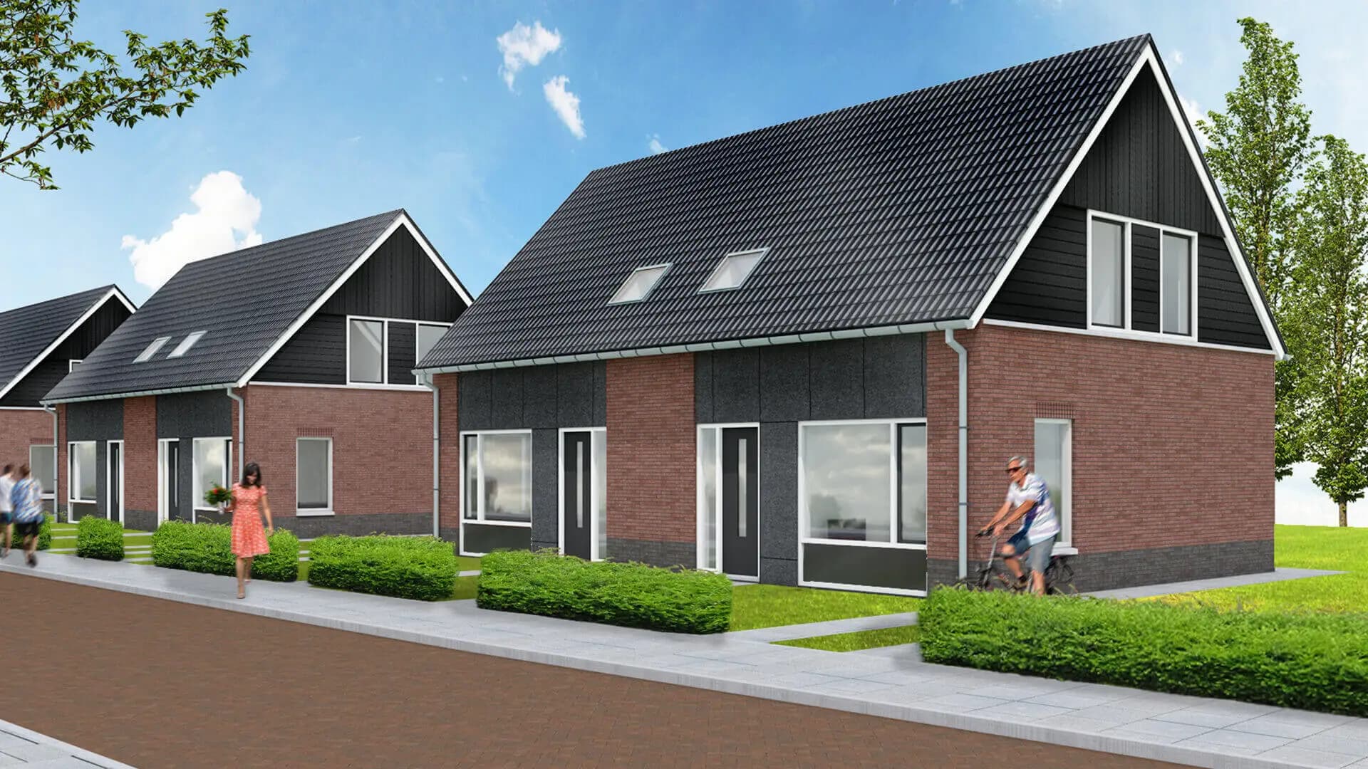 Nieuwbouw van 8 twee-onder-één-kap huurwoningen aan de Eikenlaan in Wolvega, ontworpen als nul-op-de-meter woningen met volledige energieneutraliteit.