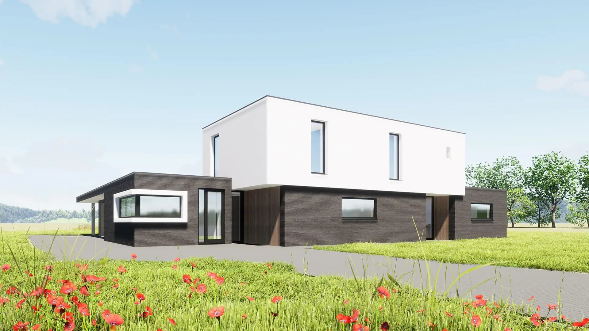Moderne kubuswoning in Steenwijk met wit stucwerk, donkere metselwerk plint, houten accenten en royale overstekken voor leefbare buitenruimtes.