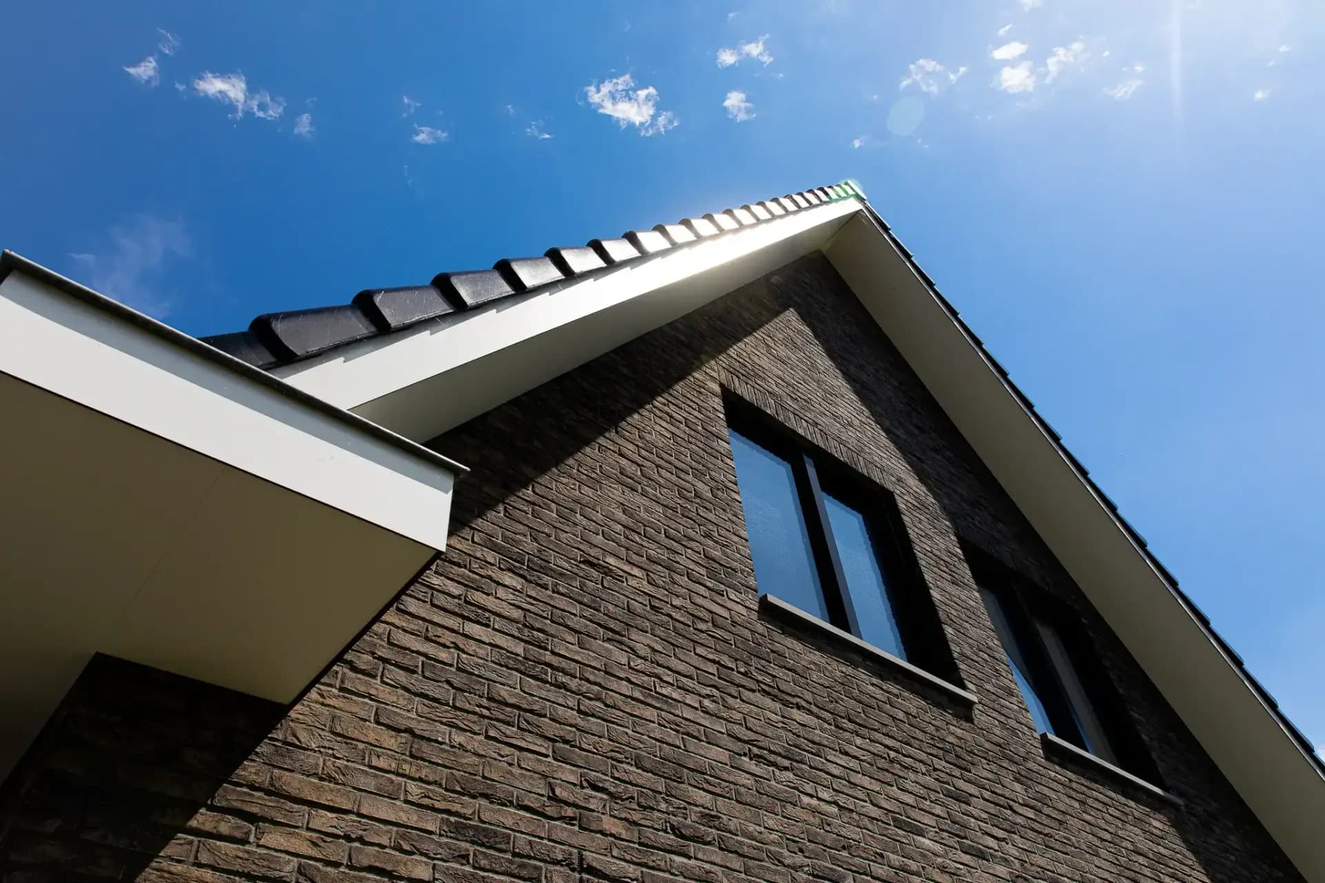 Traditioneel woonhuis Argusvlinder in Wolvega met klassieke gevel, zijbeuk en moderne kleurstelling — grote glaspartijen openen naar uitzicht op het water.