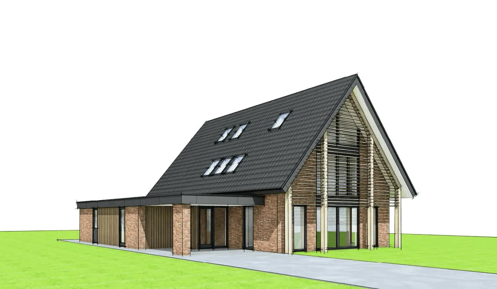 Minimalistische schuurwoning aan het Icarusblauwtje (Lindewijk, Wolvega) met metselwerk, risaliet, houten spanten met lamellen en een aanbouw.