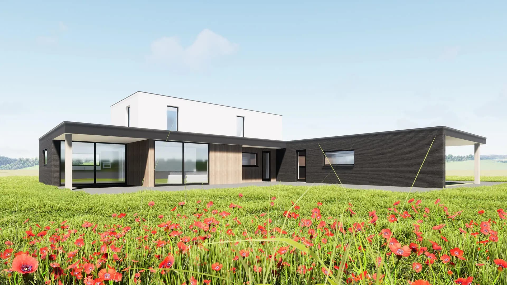 Moderne kubuswoning in Steenwijk met wit stucwerk, donkere metselwerk plint, houten accenten en royale overstekken voor leefbare buitenruimtes.