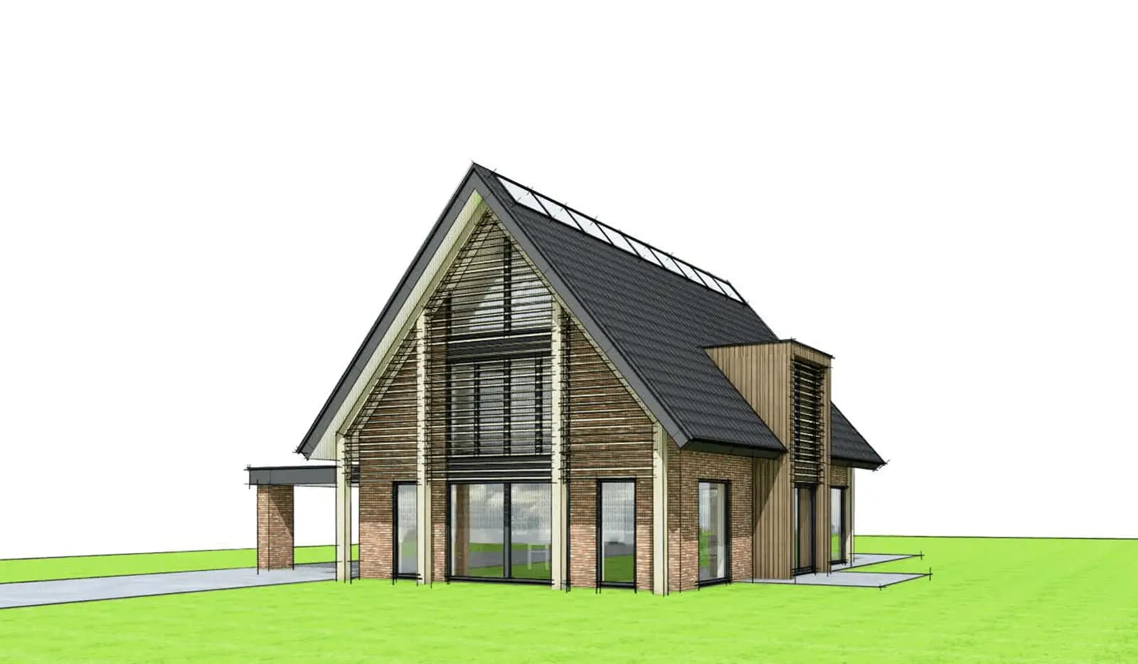 Minimalistische schuurwoning aan het Icarusblauwtje (Lindewijk, Wolvega) met metselwerk, risaliet, houten spanten met lamellen en een aanbouw.