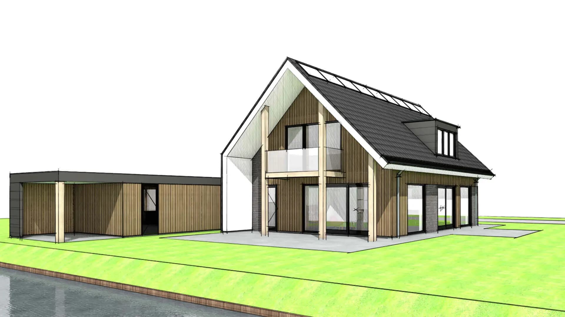 Moderne nieuwbouwwoning in Wolvega met doorlopende kap over de gevel, luifel tot het bijgebouw en een balkon op spanten aan de achterzijde.