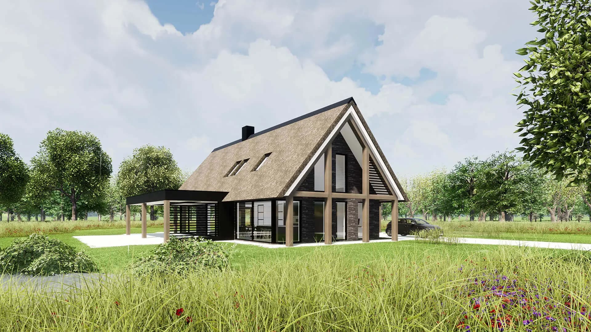 Moderne schuurwoning in Zuidoost-Drenthe met grote overstekende rietgedekte kap op houten spanten, royale glaspartijen en bijgebouw met carport.