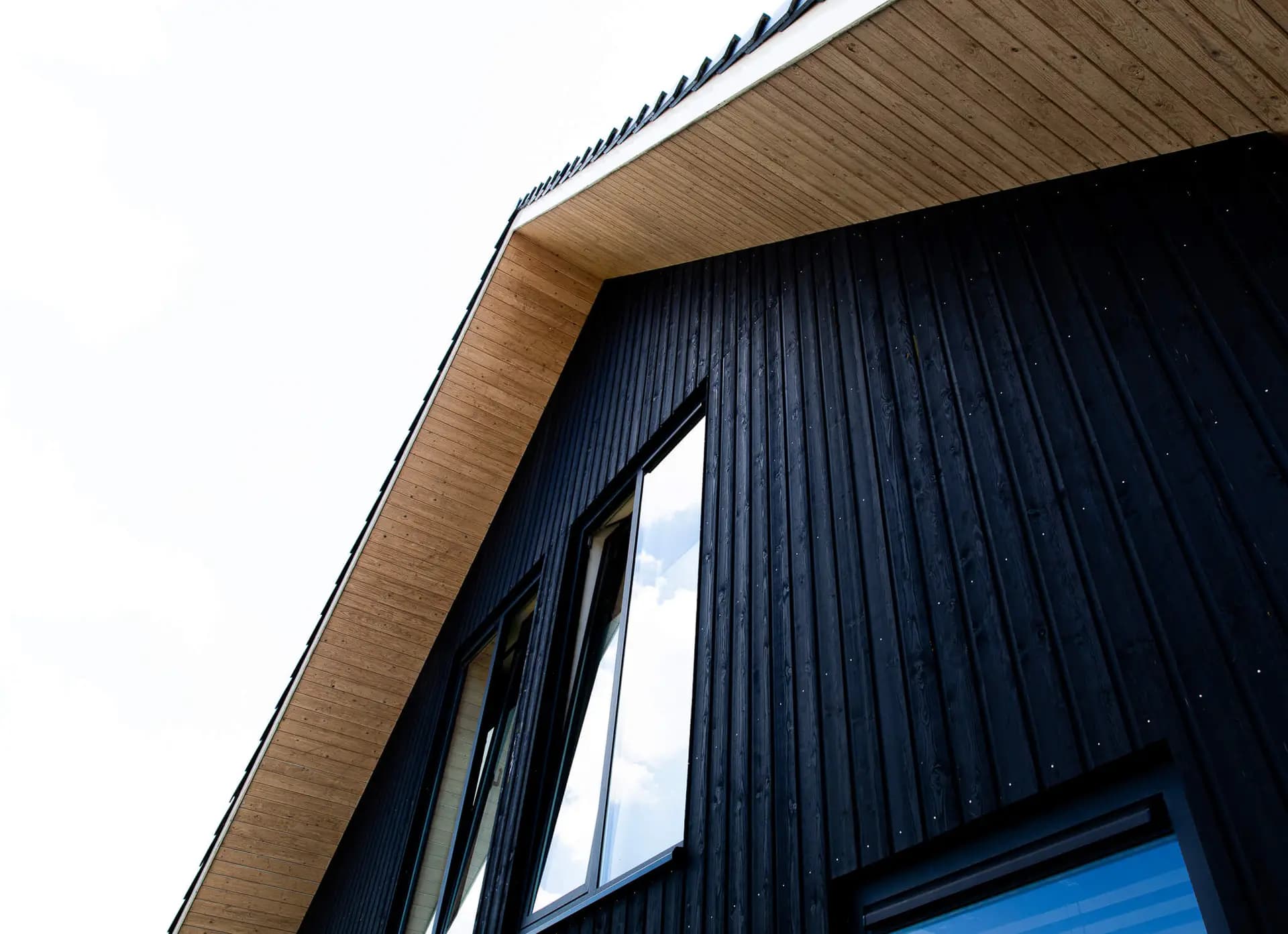 Schuurwoning in Wolvega met zwarte houten gevel, houten spanten en groot dakoverstek aan natuurgebied en water.