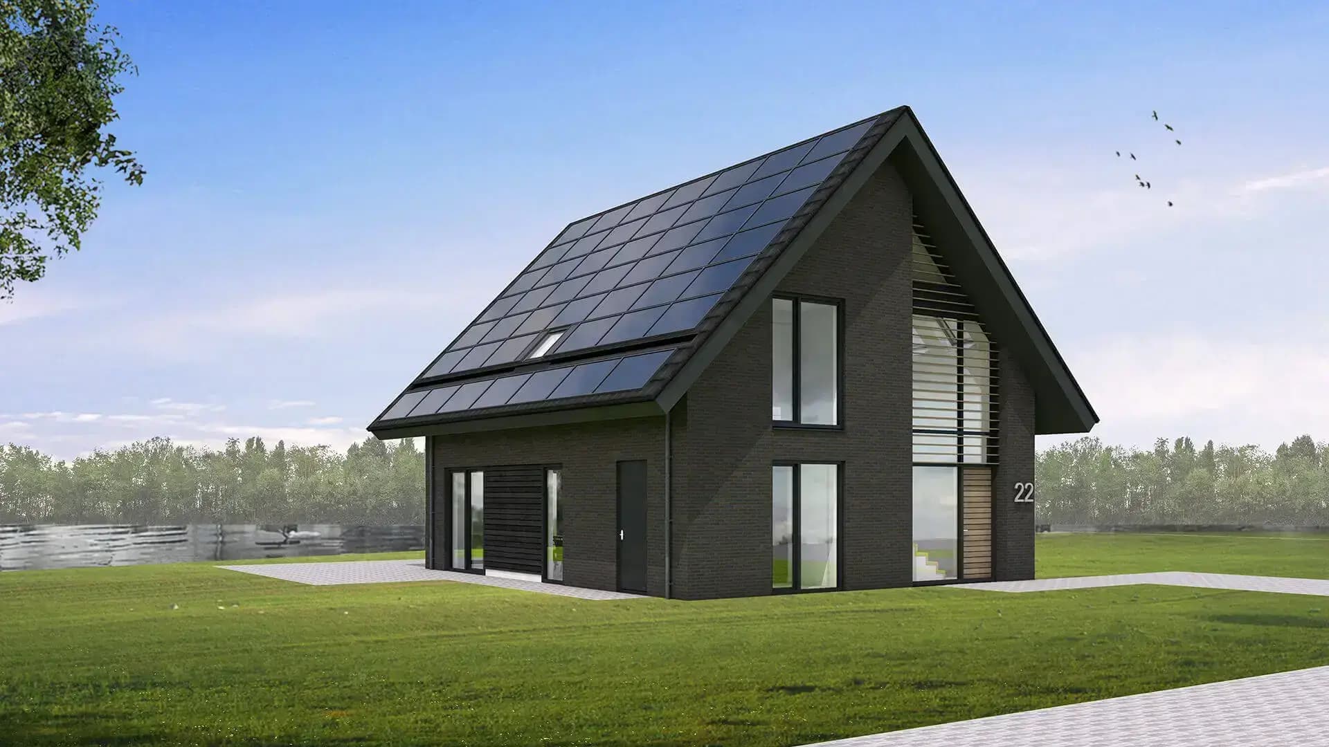 Minimalistisch woonhuis in Wolvega met donkere esthetiek, grote glasoppervlakken, lamellen en houten gevelbekleding in een beperkt kleurenpalet.