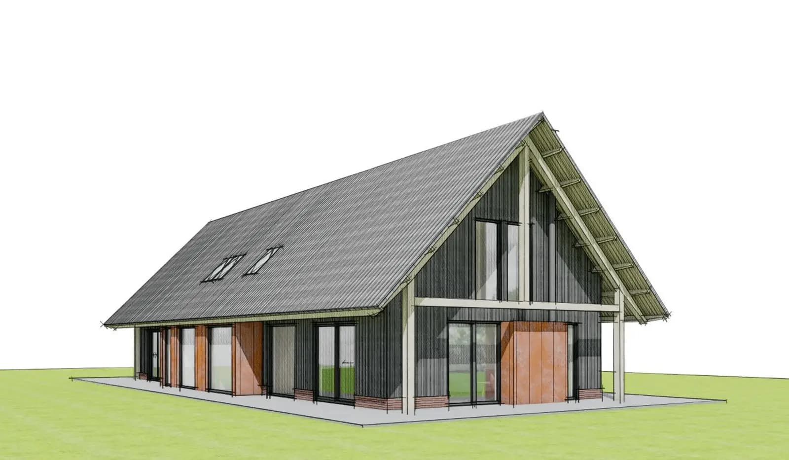 Moderne schuurwoning in Baars met spanten, houten elementen, beschermend overstek en contrasterende accenten in metselwerk en cortenstaal.