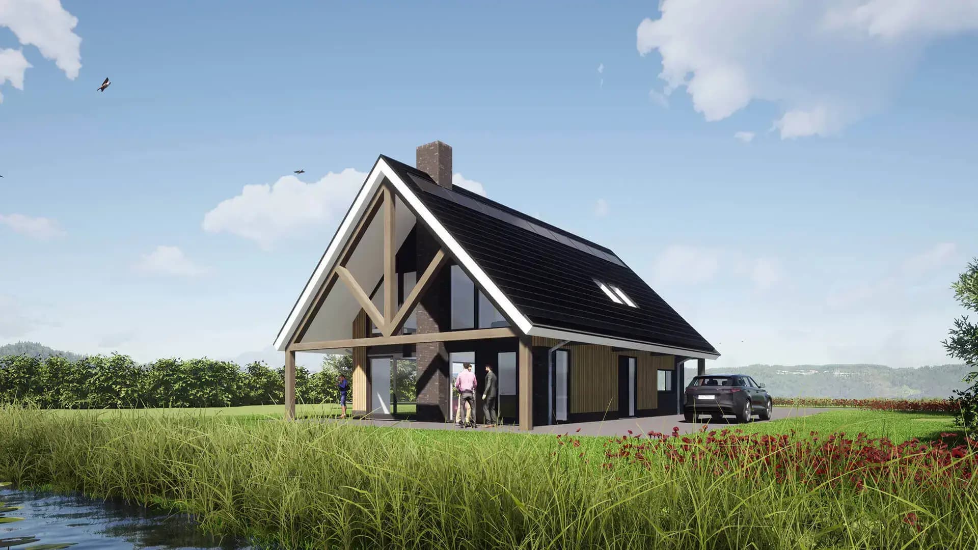 Schuurwoning aan het Icarusblauwtje Wolvega met hout, metselwerk en glas en een overkragende kapconstructie op houten spantwerk.