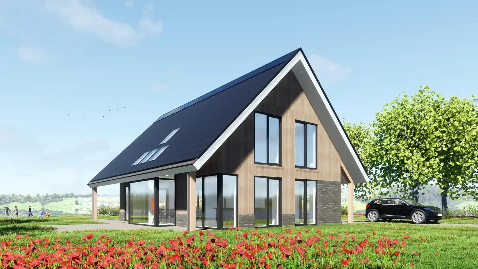 Moderne schuurwoning in Wolvega met houten en stenen gevel, groot raam, zwart dak, voor een veld met rode bloemen