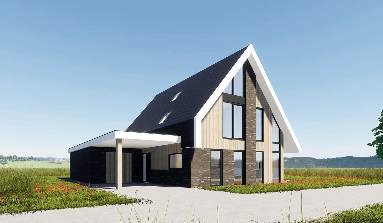 Modern woonhuis in Wolvega met karakteristieke spitse dak, witte gevel, baksteenaccenten en grote raampartijen in landelijk setting