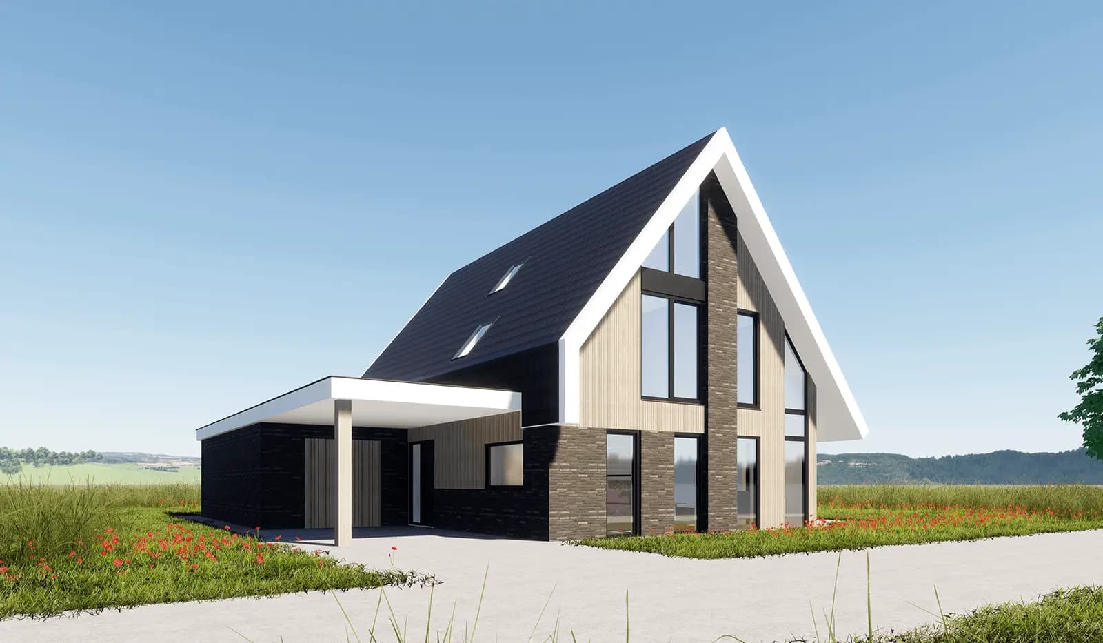 Moderne eigentijdse woning in Wolvega met strakke lijnen langs de kap en een doorlopende vide — een combinatie van dakpannen, hout en metselwerk.