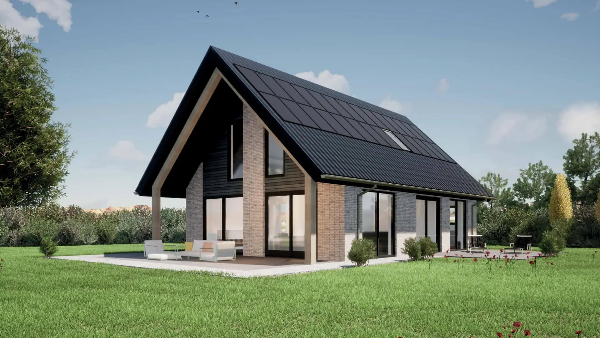 Modern woonhuis in Lemmer met steilschuin dak, baksteengevel, grote raampartijen en zwarte details, omgeven door groen landschap
