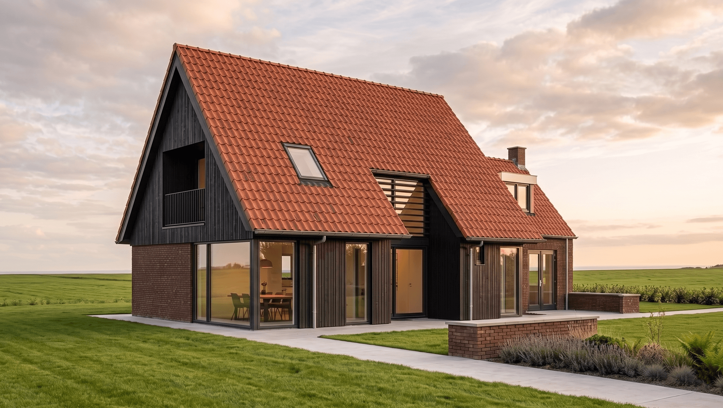 Verbouw en verlenging van een traditioneel woonhuis in Munnekeburen, met rood metselwerk, houten gevelbekleding en grote glaspartijen.