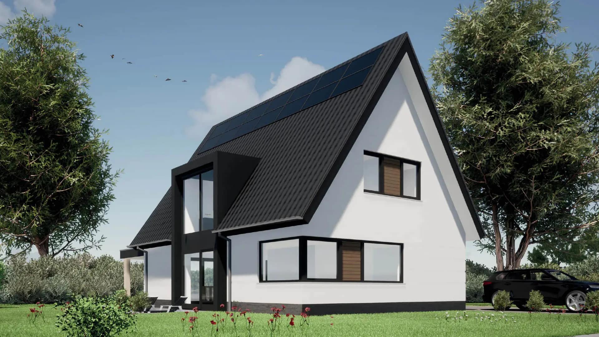 Wit gekeimde woning in Lemmer met zwart dakvlak, grote raampartijen en zwarte kozijnen, gezien vanaf de voorzijde in een groene omgeving