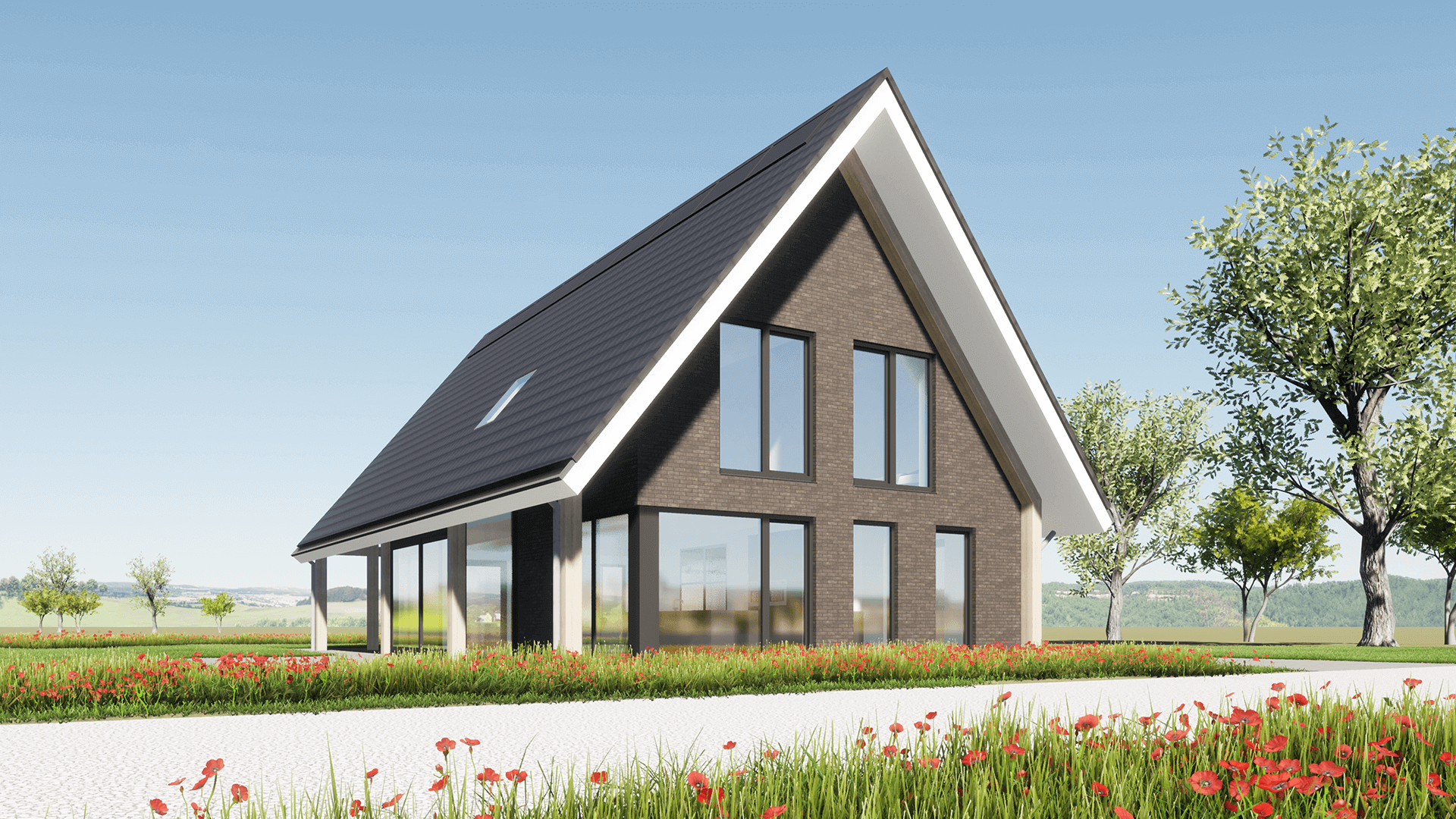 Moderne schuurwoning aan het Icarusblauwtje (Lindewijk, Wolvega) met asymmetrische overstekende kap, houten spanten en metselwerk.
