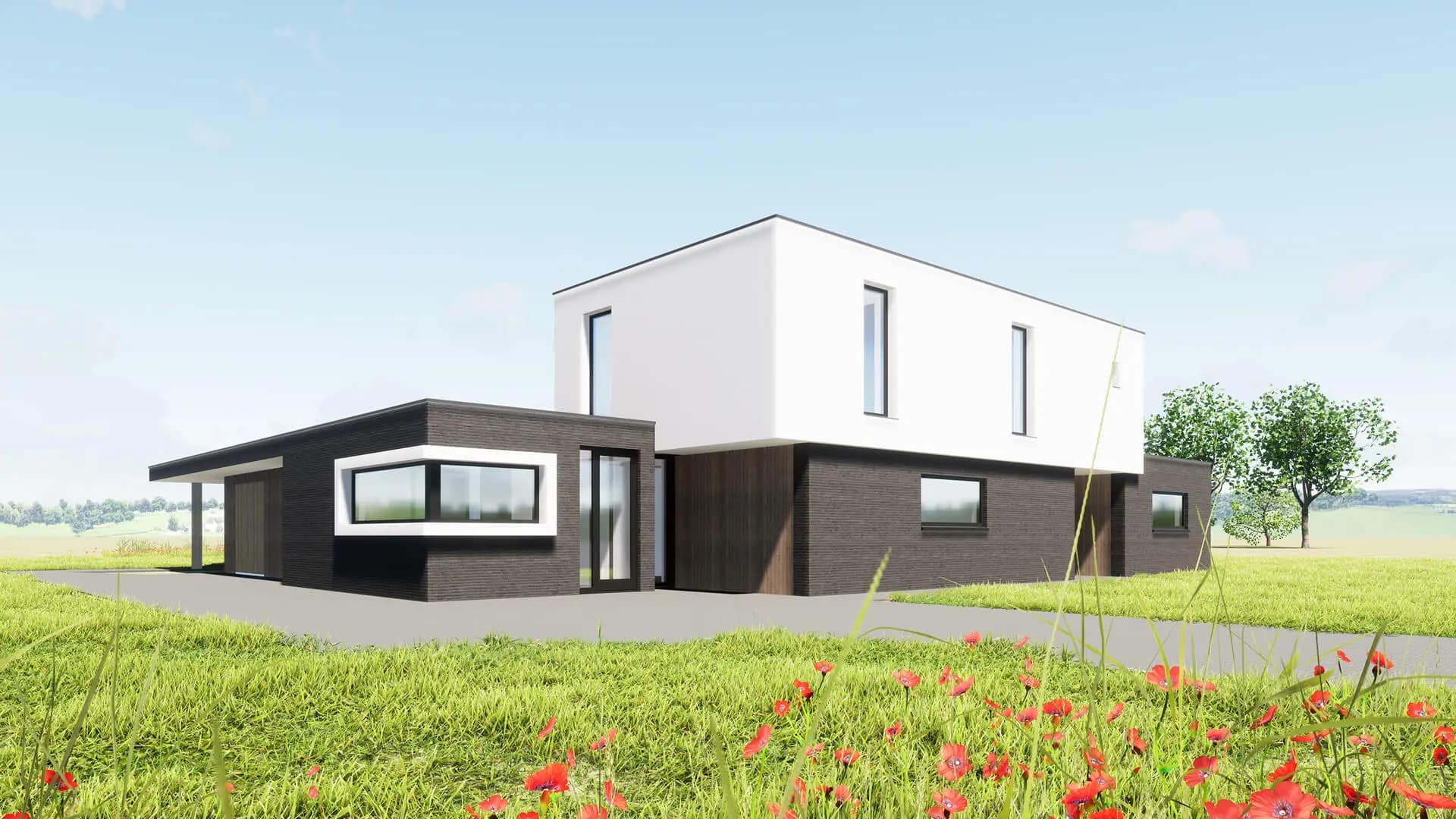 Moderne kubuswoning in Steenwijk met wit bovenvolume en donkerbruine baksteengevel, grote ramen, minimalistische architectuur in groen landschap