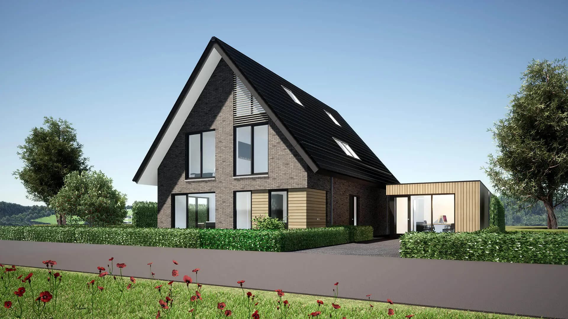 Modern woonhuis met aangrenzend kantoor in de Lindewijk Wolvega — strakke lijnen, houten accenten, inpandige dakgoot en zwart-geel gemêleerde baksteen.