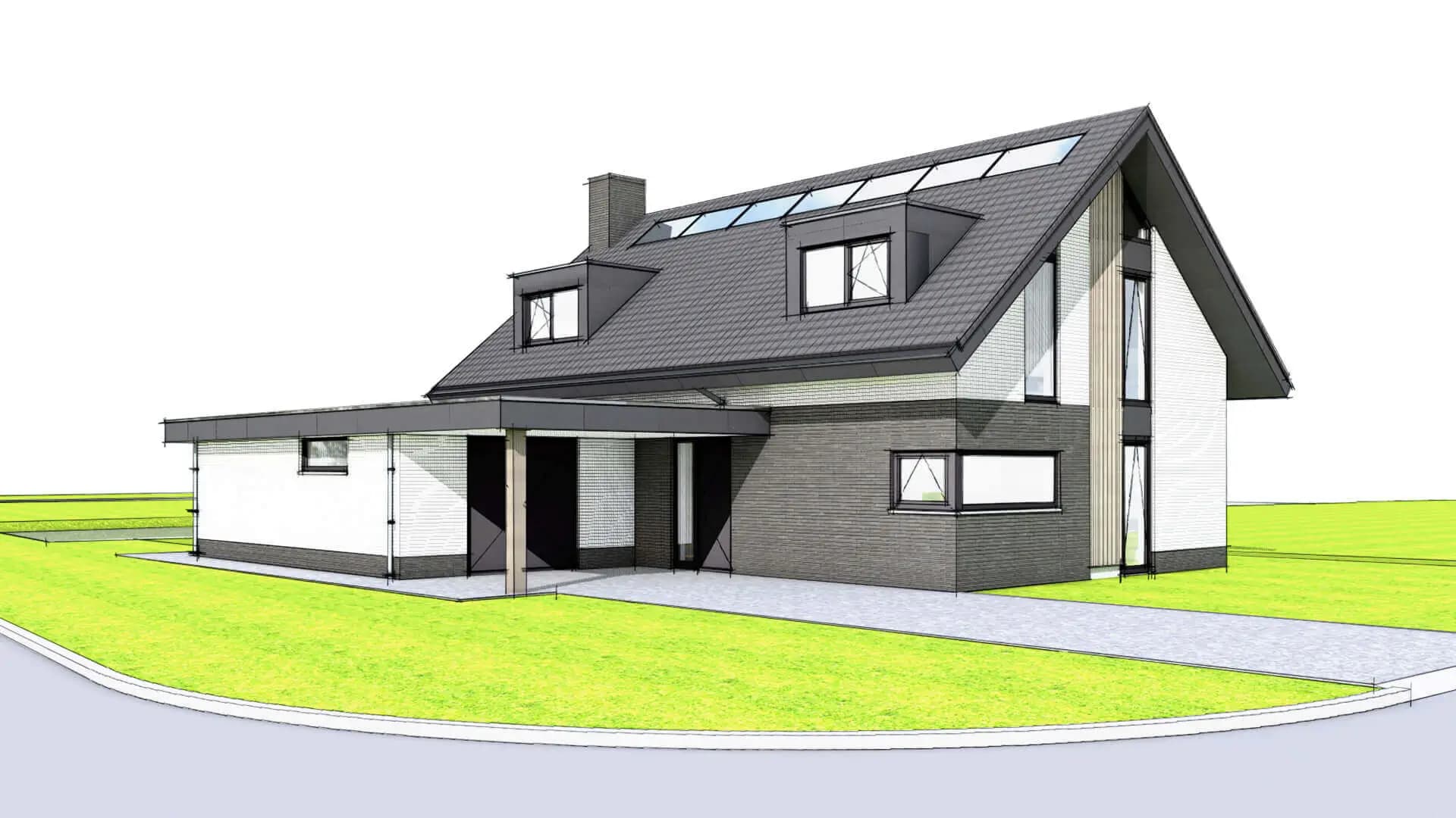 Modern eigentijds woonhuis aan De Ekkers in Delfstrahuizen met overstekende kap, verticale gevelelementen, zwart-wit kleurstelling en uitzicht op het water.