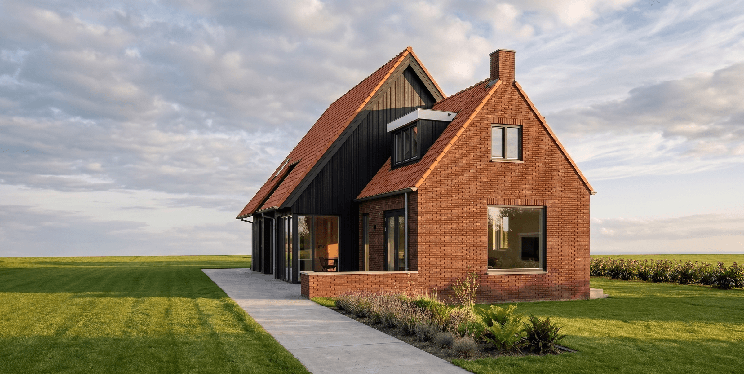 Verbouw en verlenging van een traditioneel woonhuis in Munnekeburen, met rood metselwerk, houten gevelbekleding en grote glaspartijen.