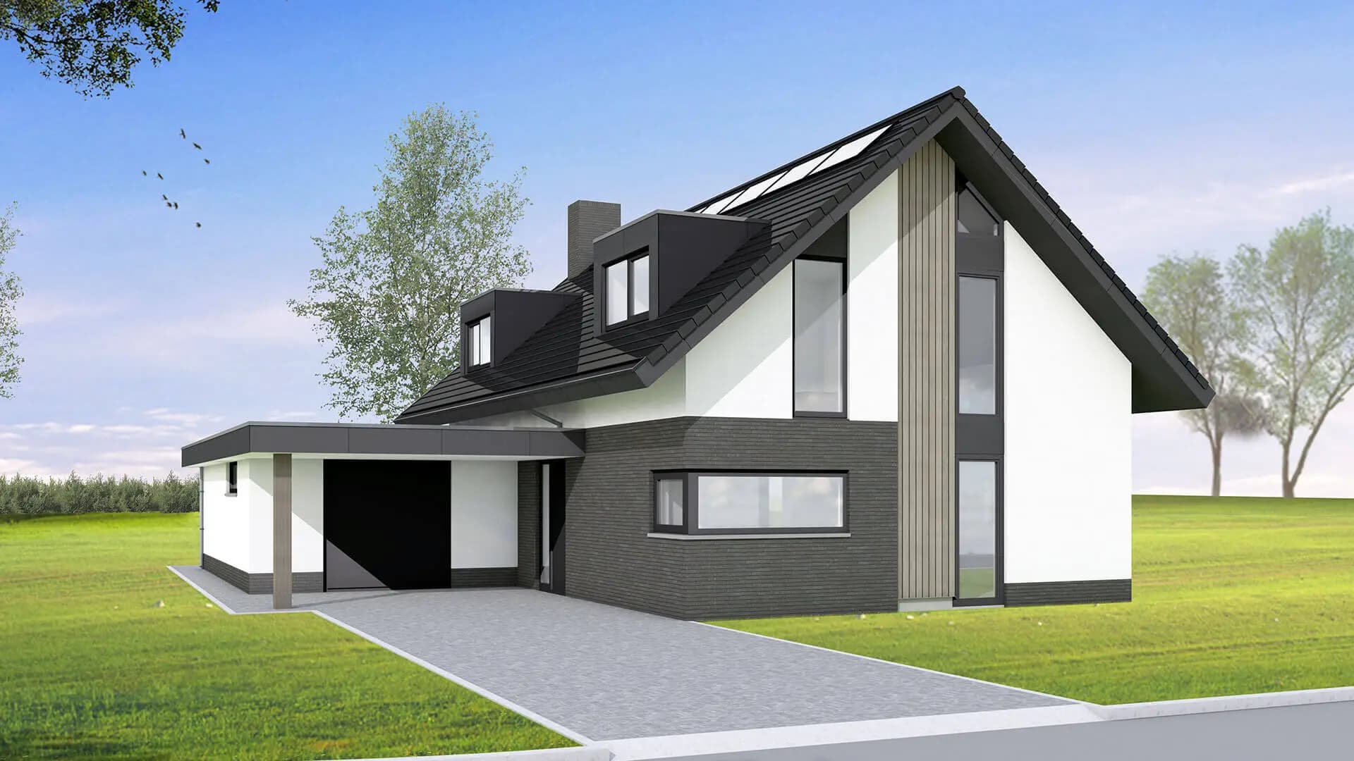 Modern eigentijds woonhuis aan De Ekkers in Delfstrahuizen met overstekende kap, verticale gevelelementen, zwart-wit kleurstelling en uitzicht op het water.