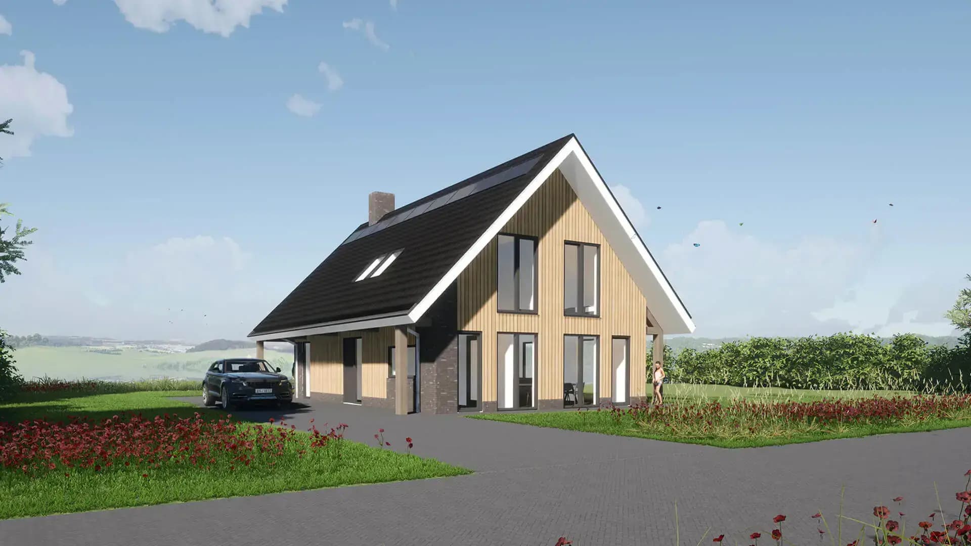 Schuurwoning aan het Icarusblauwtje Wolvega met hout, metselwerk en glas en een overkragende kapconstructie op houten spantwerk.