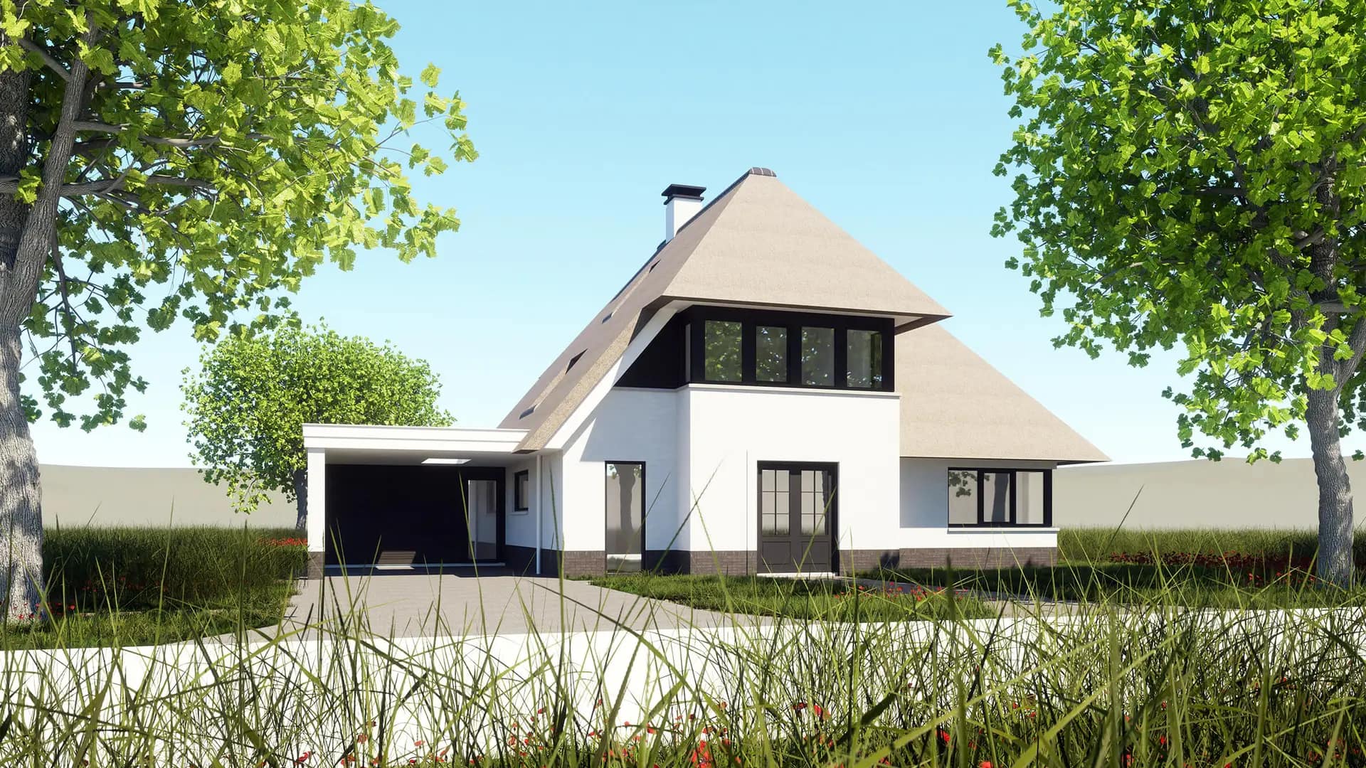 Rietgedekte villa in Meppel met witte gevel, leisteen dak, grote raampartijen en moderne uitbouw, omgeven door groen landschap