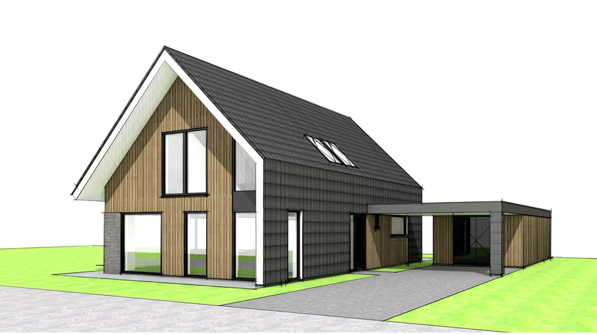 Moderne nieuwbouwwoning in Wolvega met doorlopende kap over de gevel, luifel tot het bijgebouw en een balkon op spanten aan de achterzijde.
