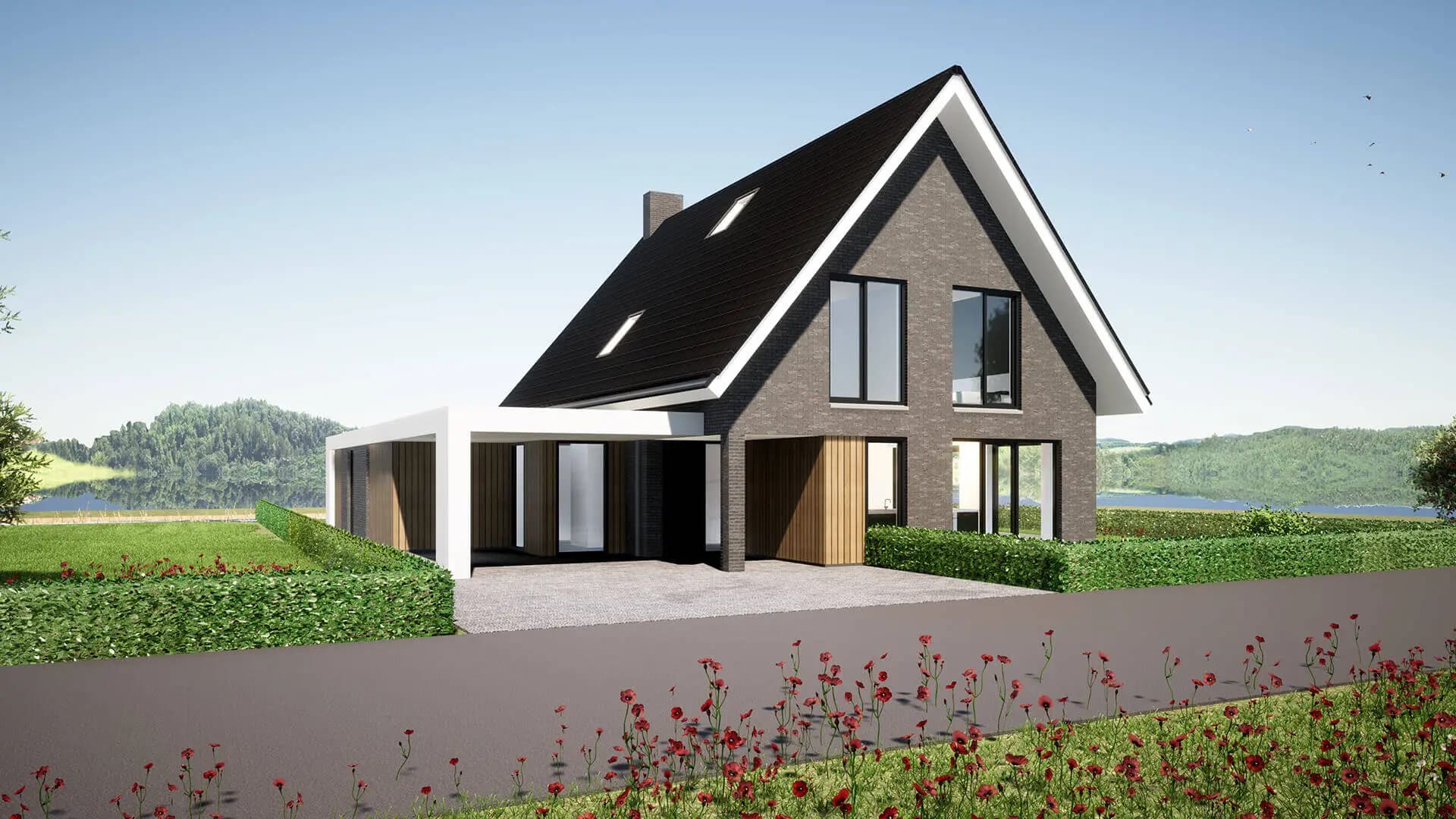 Eigentijds woonhuis met aanbouw aan het Icarusblauwtje Wolvega — verspringende gevel, contrast tussen lichte aanbouw en donkere steen, verticale lamellen.